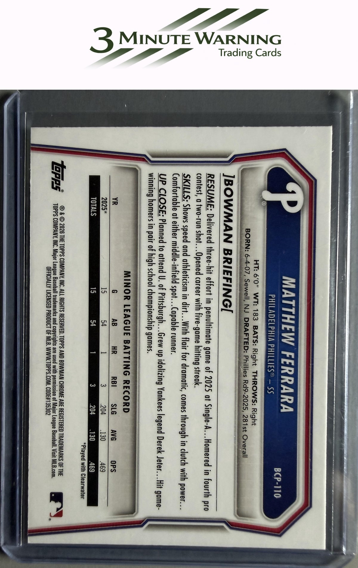 2026 Bowman #BCP-110 Matthew Ferrara Chrome Prospects