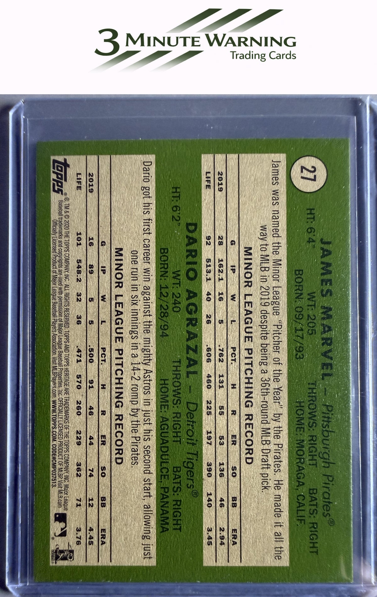 2020 Topps Heritage #27 NL/AL 2020 Rookie Stars (James Marvel / Dario Agrazal)