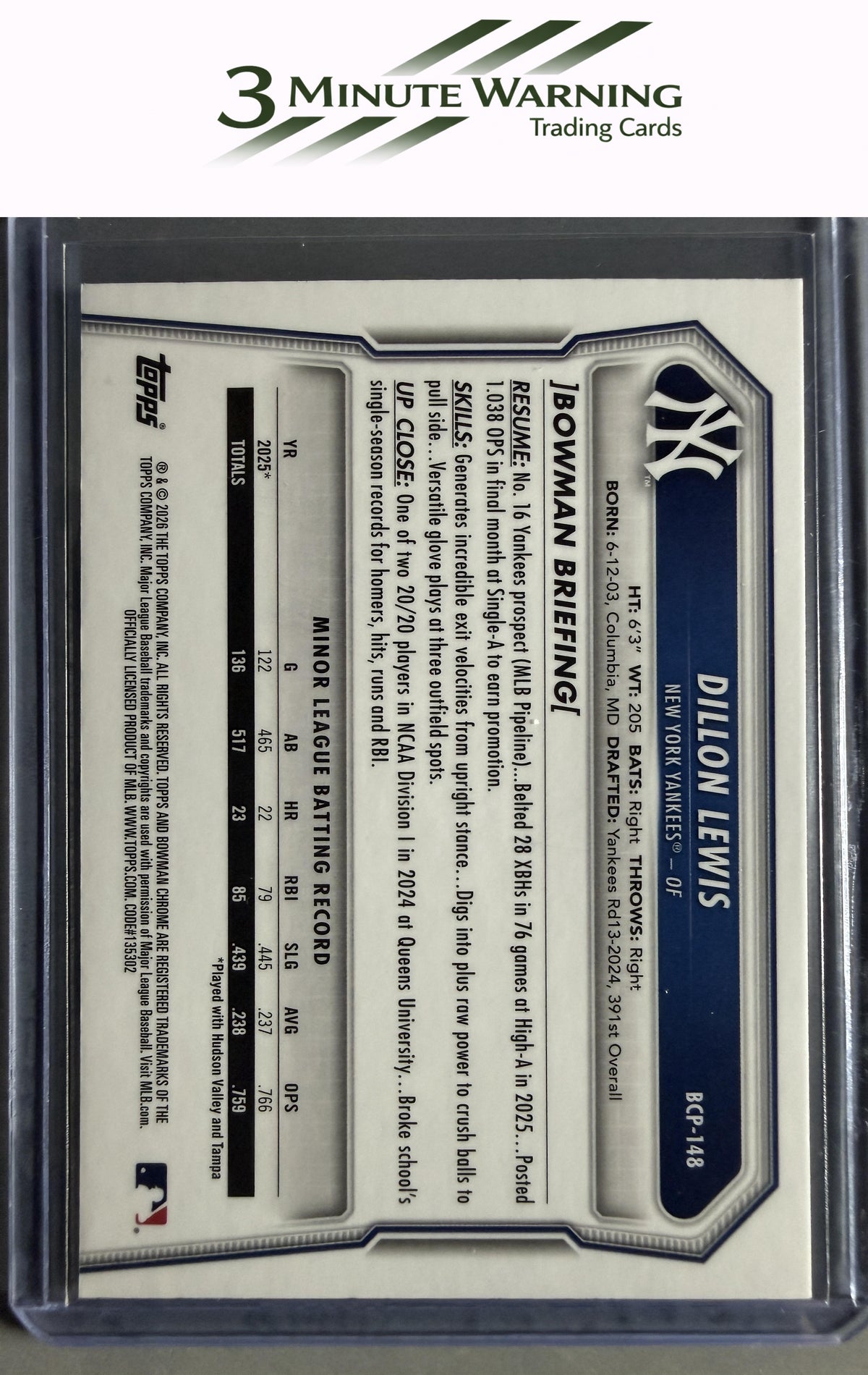 2026 Bowman #BCP-148 Dillon Lewis Chrome Prospects