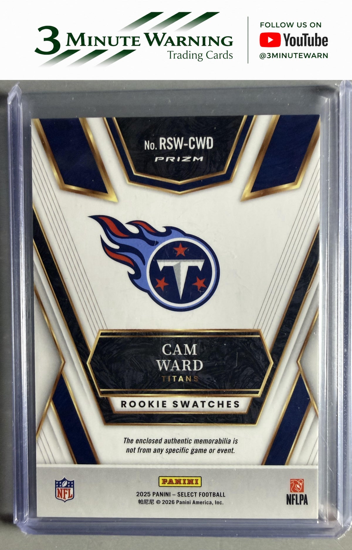 2025 Panini Select #RSW-CWD Cam Ward Rookie Swatches Blue Prizm