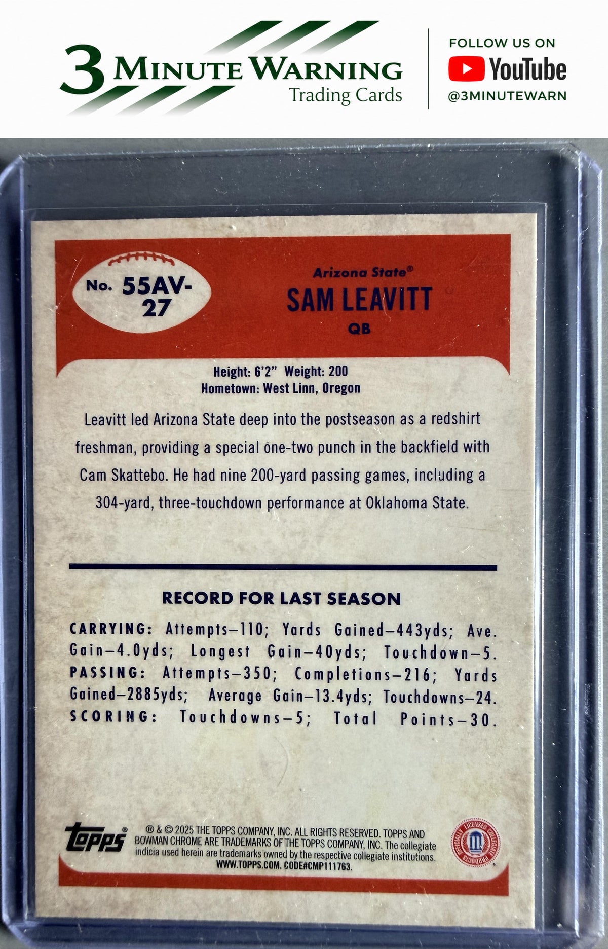 2025 Bowman University Chrome #55AV-27 Sam Leavitt 1955 Bowman Football