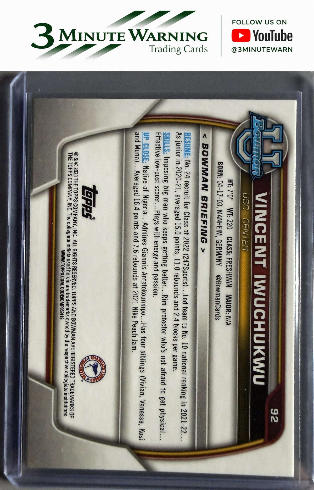 2022-23 Bowman University Chrome #92 Vincent Iwuchukwu Pink