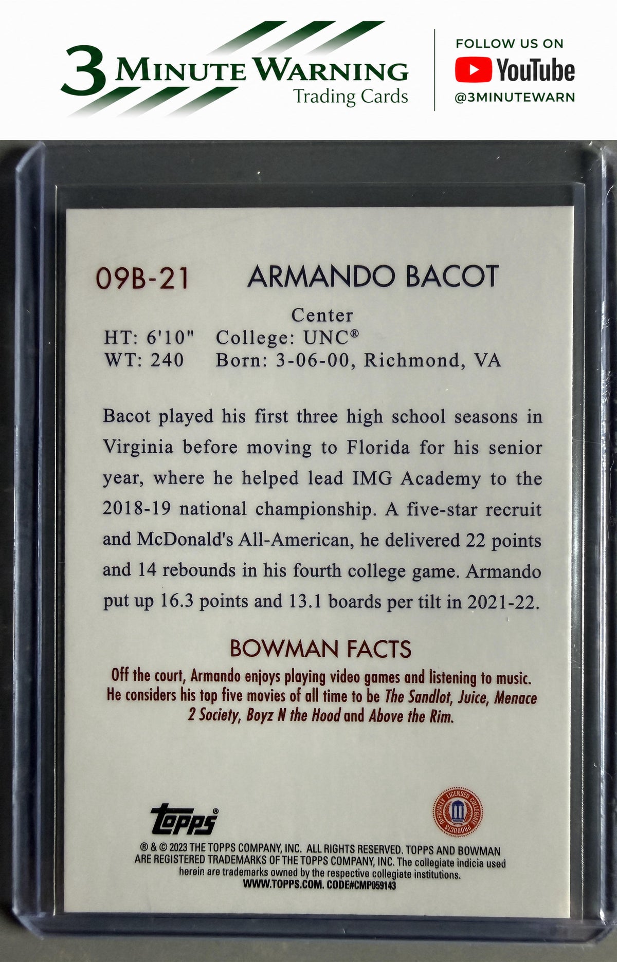 2022-23 Bowman University Chrome #09B-21 Armando Bacot 2009 Bowman
