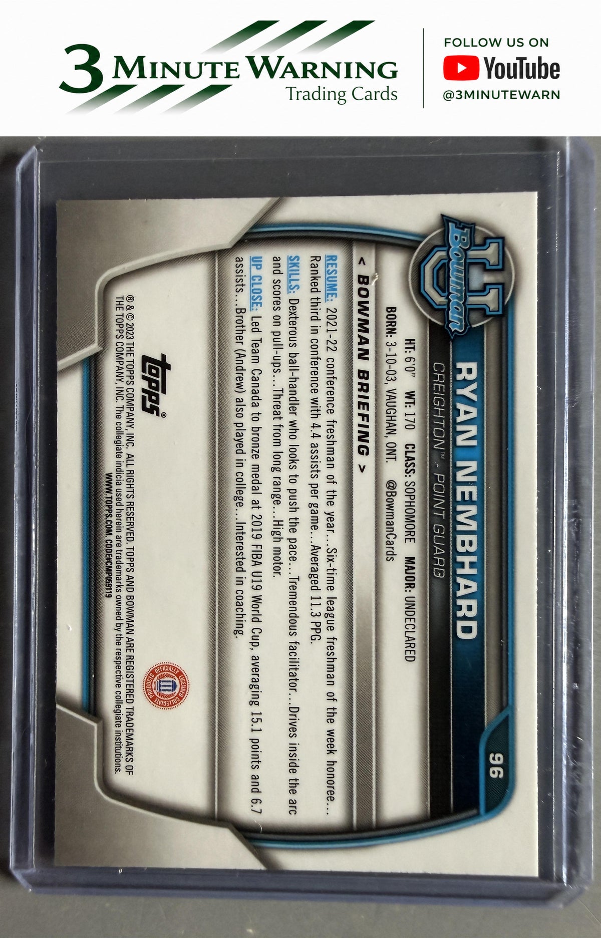 2022-23 Bowman University Chrome #96 Ryan Nembhard