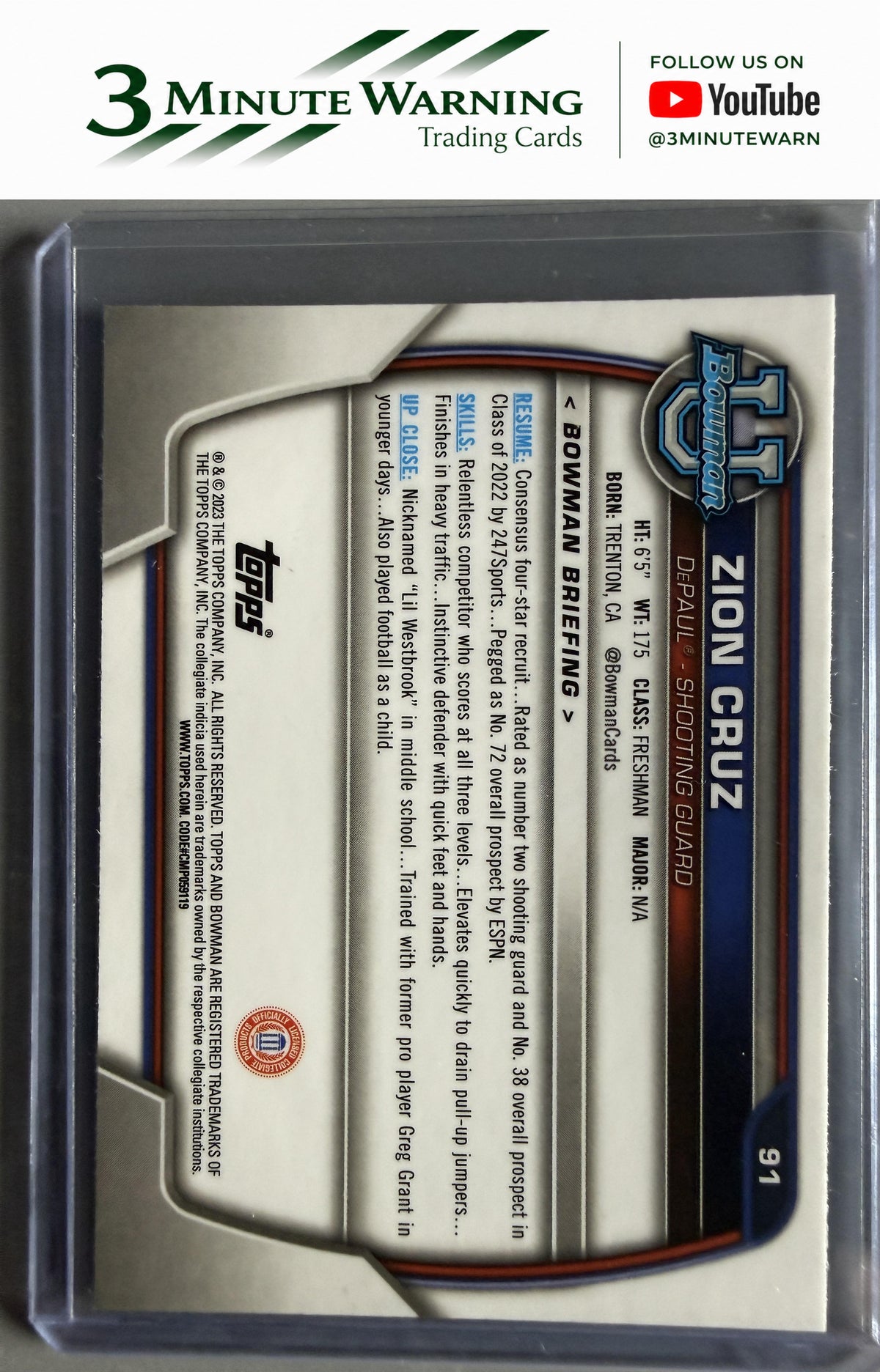 2022-23 Bowman University Chrome #91 Zion Cruz