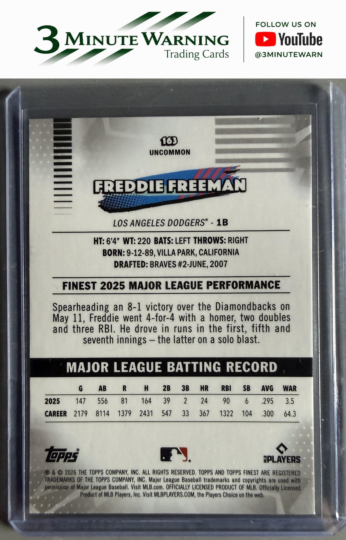 2026 Topps Finest #163 Freddie Freeman Aqua Mini Diamond /199 Uncommon