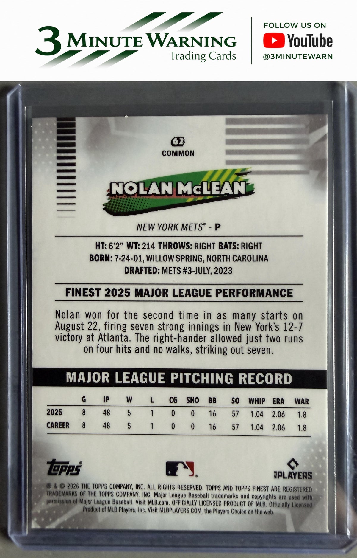 2026 Topps Finest #62 Nolan McLean Common