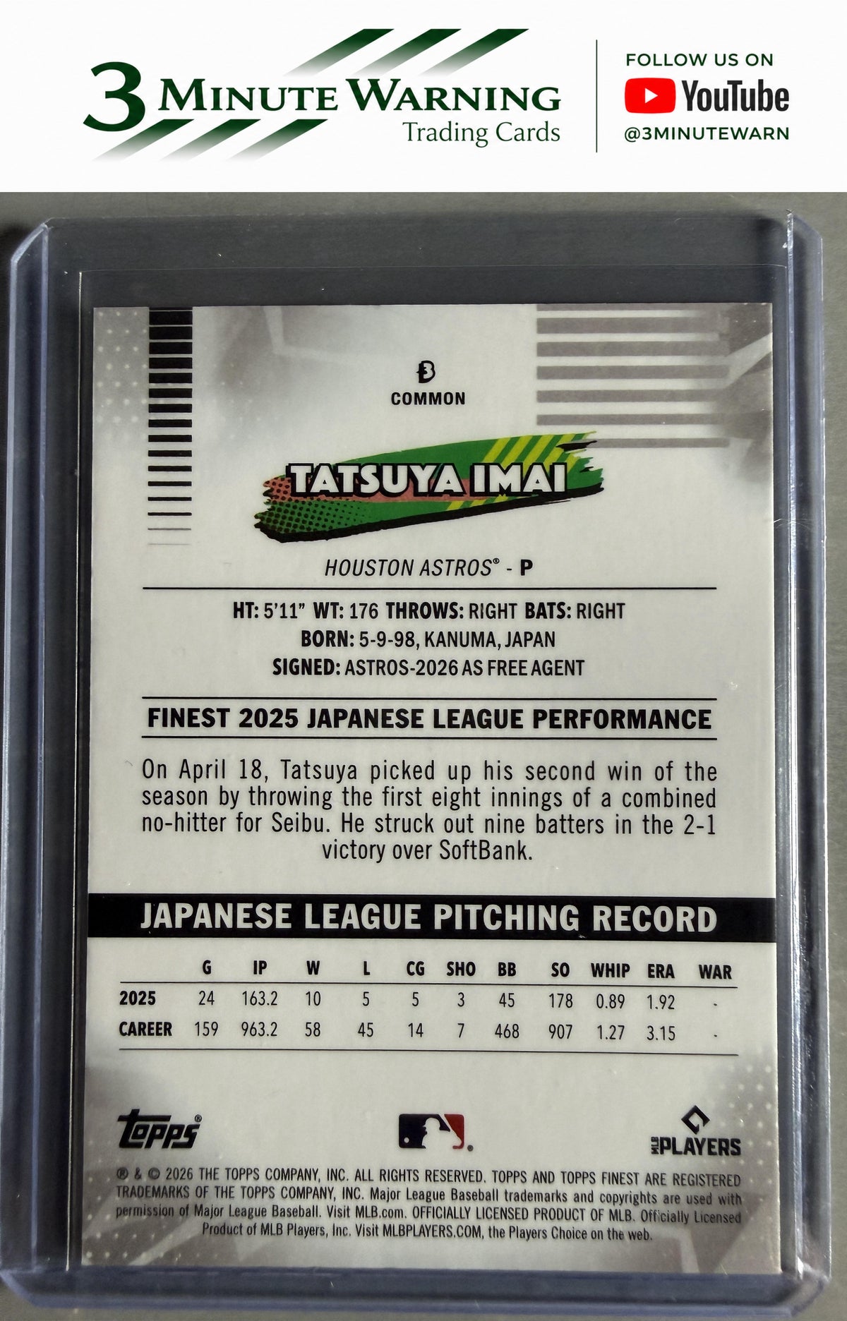 2026 Topps Finest #3 Tatsuya Imai Common