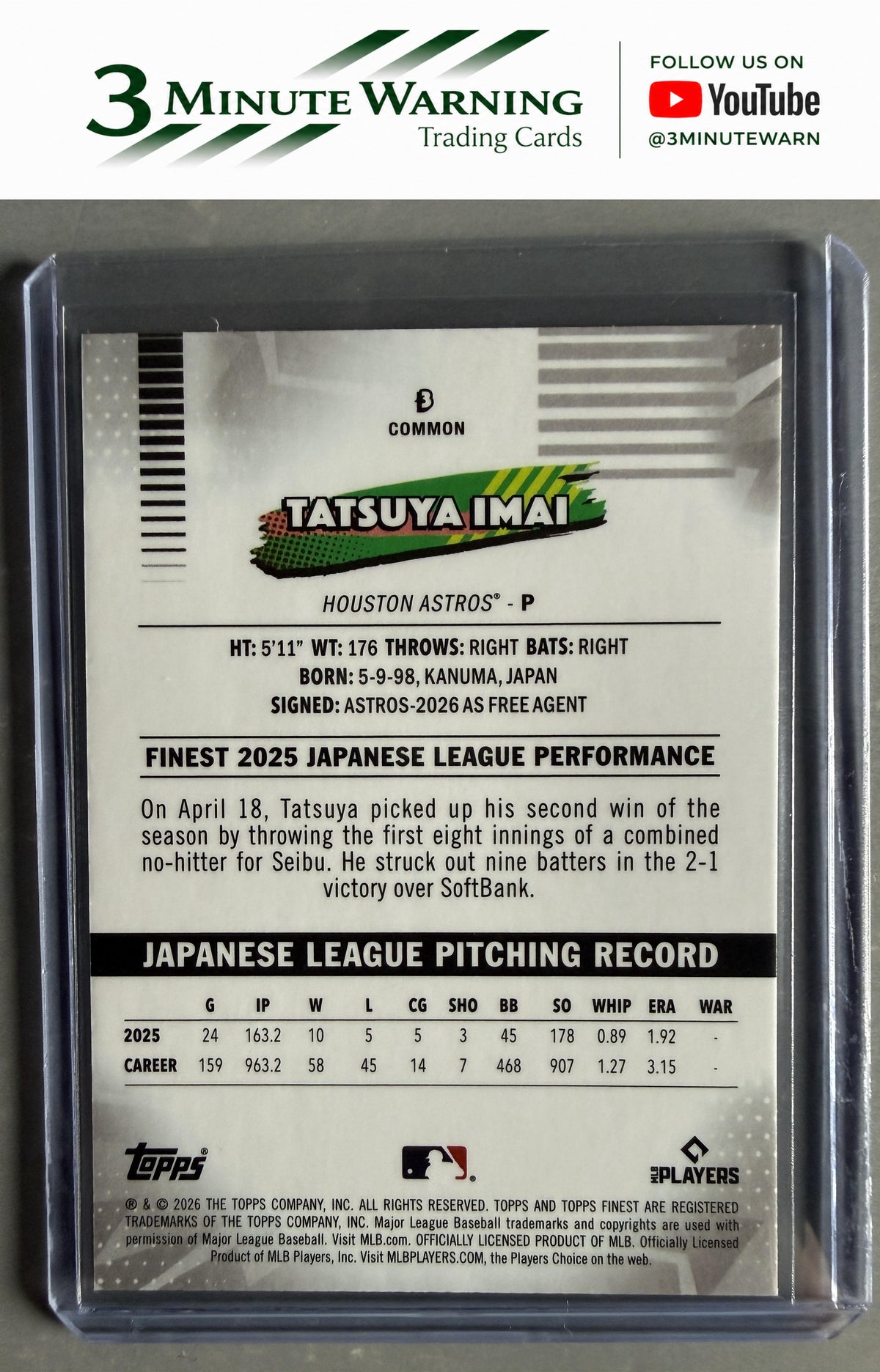 2026 Topps Finest #3 Tatsuya Imai Common