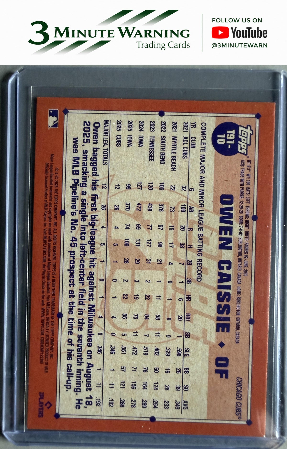 2026 Topps #T91-10 Owen Caissie 1991 Topps Baseball (Series One)