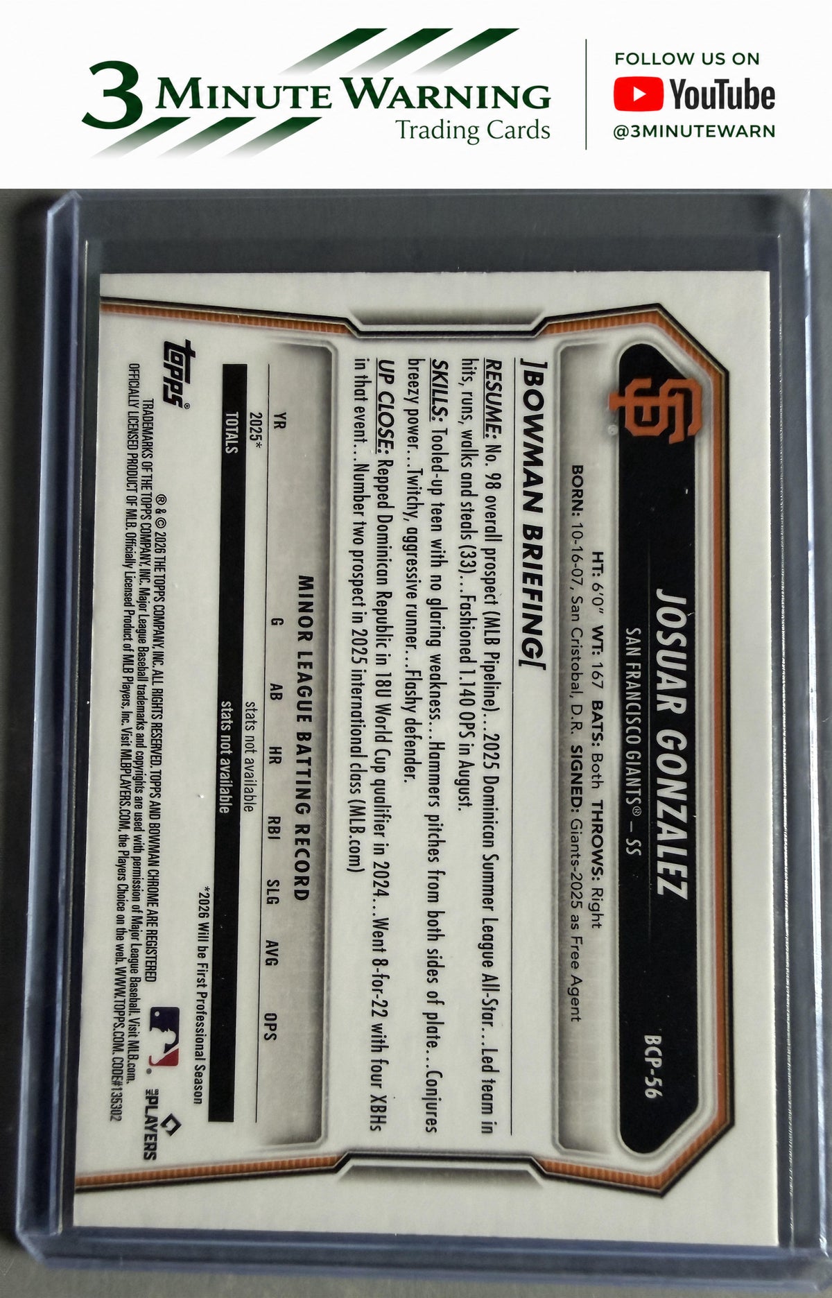 2026 Bowman #BCP-56 Josuar Gonzalez Chrome Prospects
