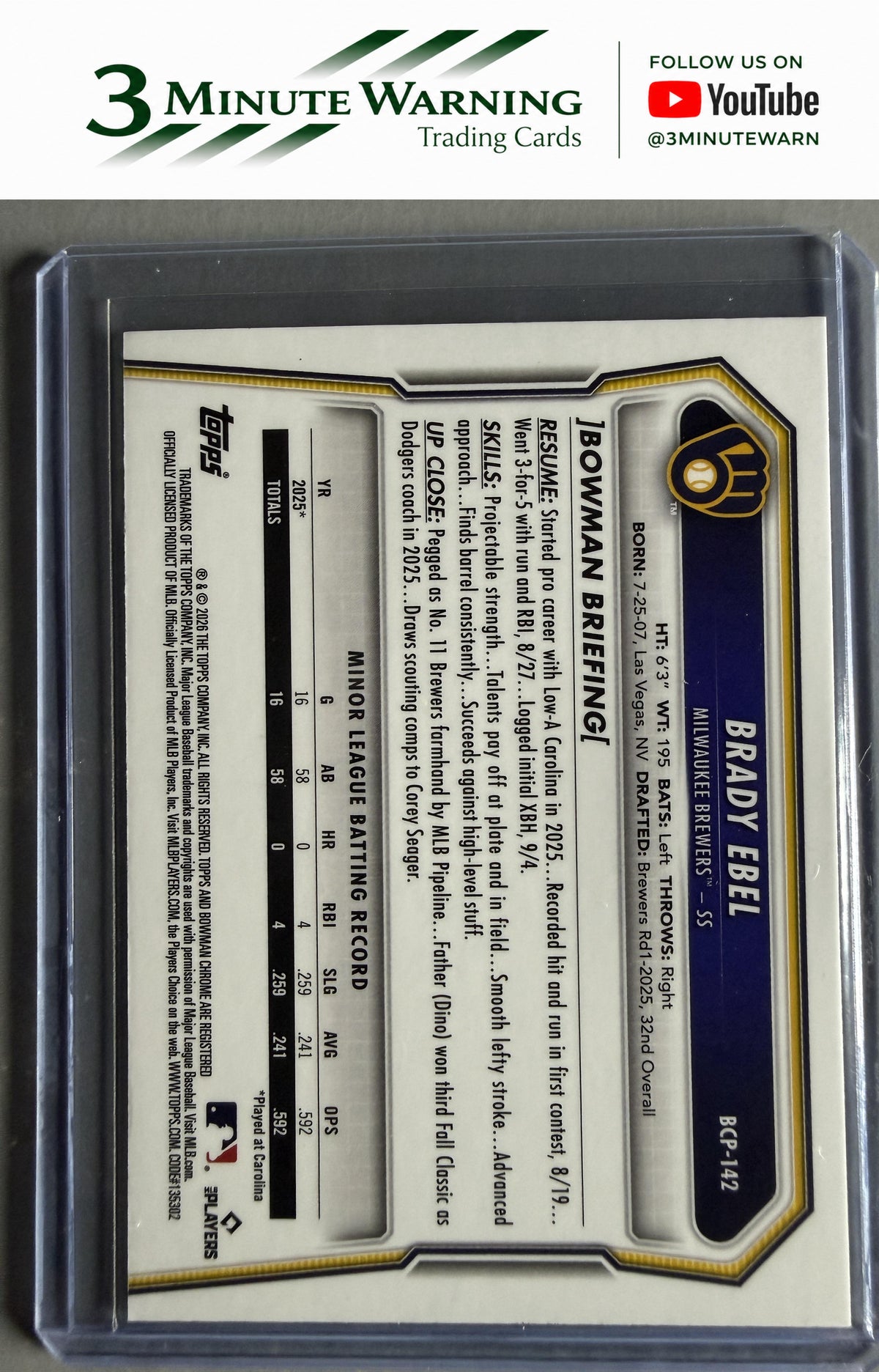 2026 Bowman #BCP-142 Brady Ebel Chrome Prospects