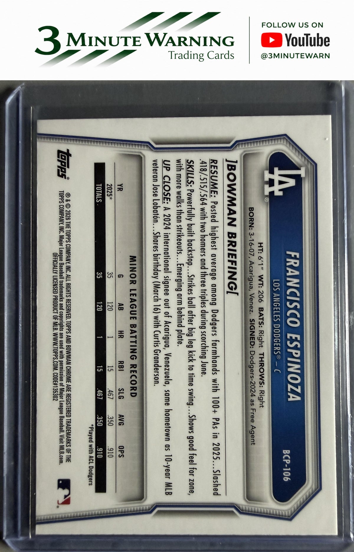 2026 Bowman #BCP-106 Francisco Espinoza Chrome Prospects
