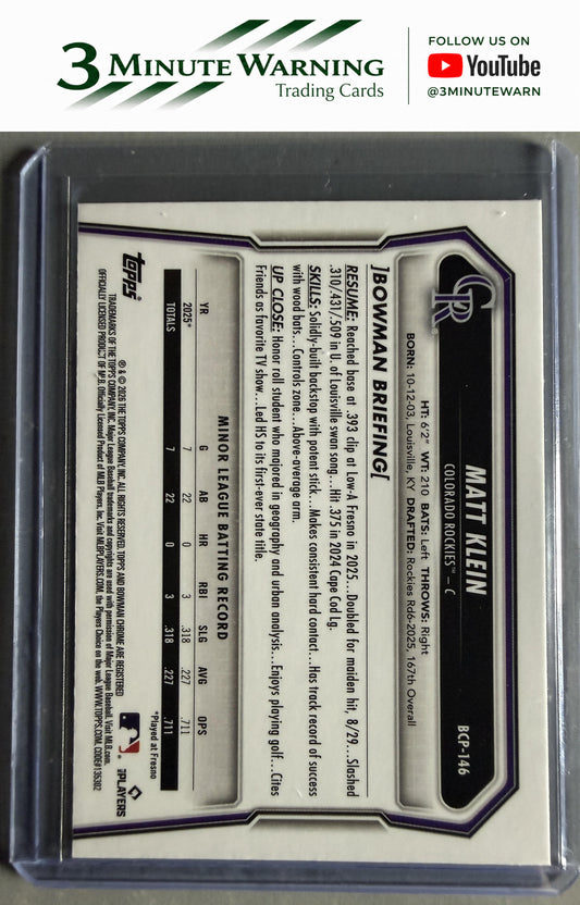 2026 Bowman #BCP-146 Matt Klein Chrome Prospects