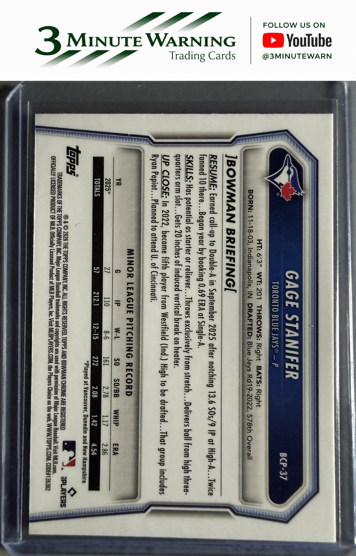 2026 Bowman #BCP-37 Gage Stanifer Chrome Prospects