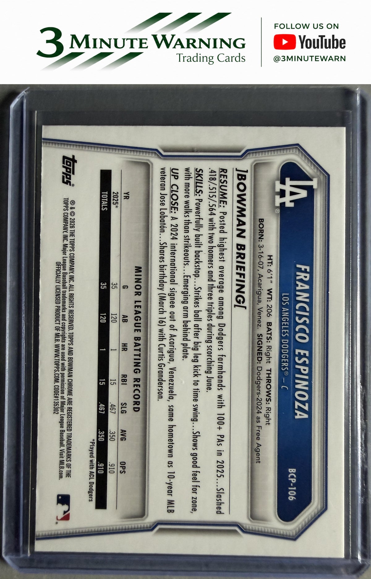 2026 Bowman #BCP-106 Francisco Espinoza Chrome Prospects