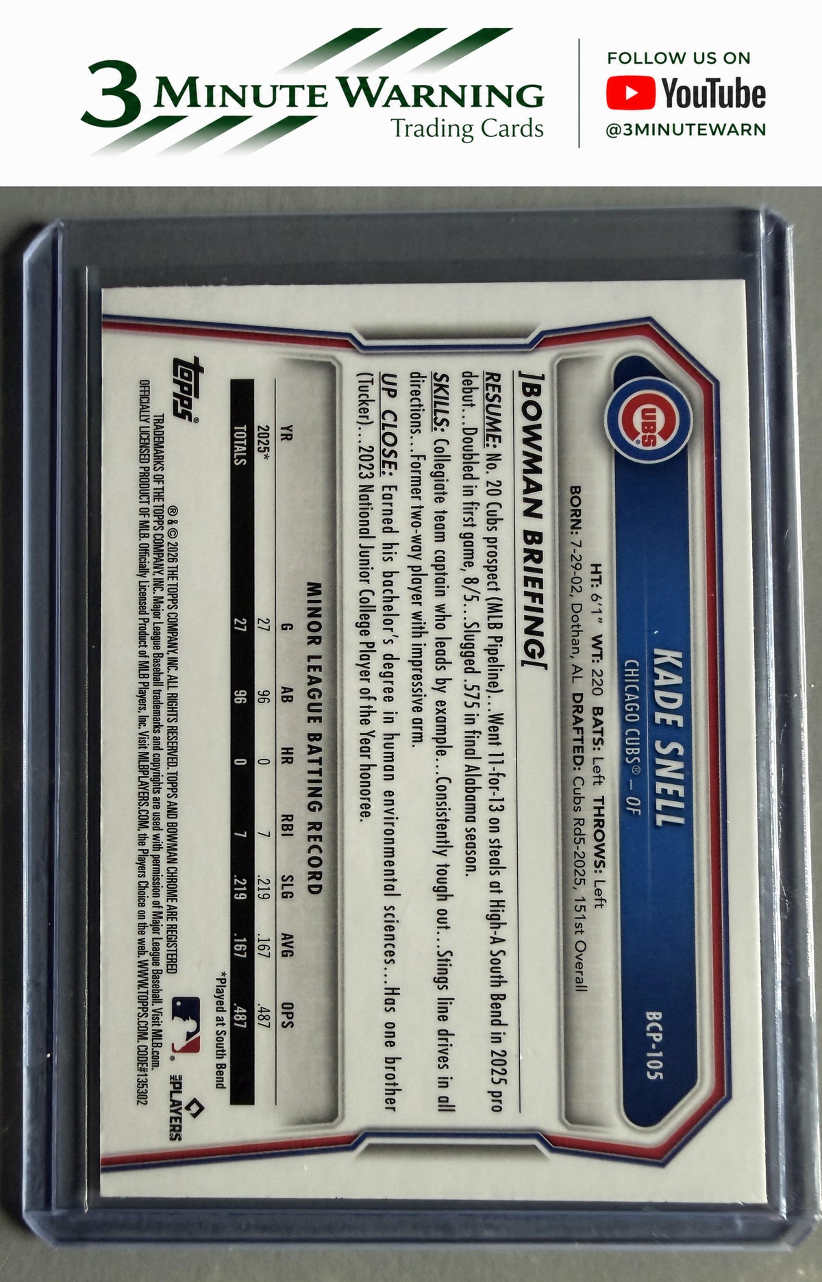 2026 Bowman #BCP-105 Kade Snell Chrome Prospects