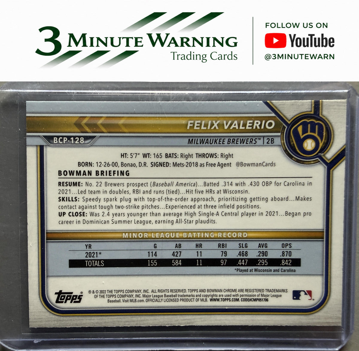2022 Bowman #BCP-128 Felix Valerio Chrome Prospects