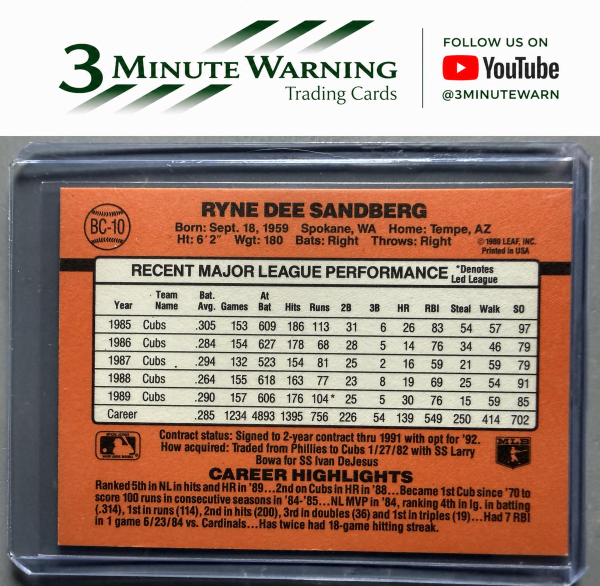 1990 Donruss #BC-10 Ryne Sandberg Bonus MVP's