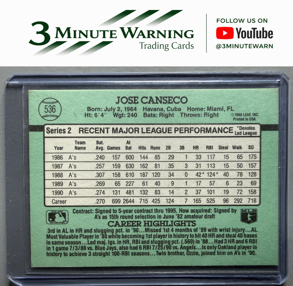 1991 Donruss #536b Jose Canseco