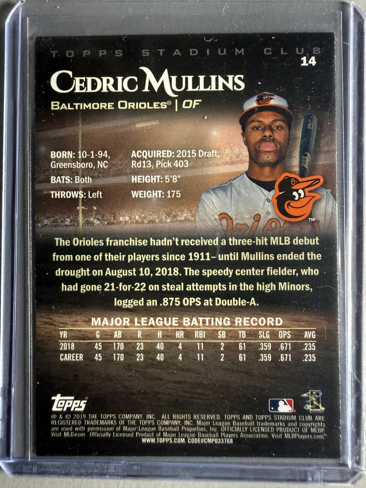 2019 Stadium Club #14 Cedric Mullins