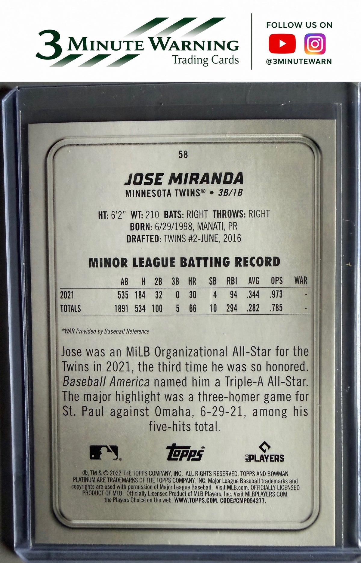 2022 Bowman Platinum #58 Jose Miranda
