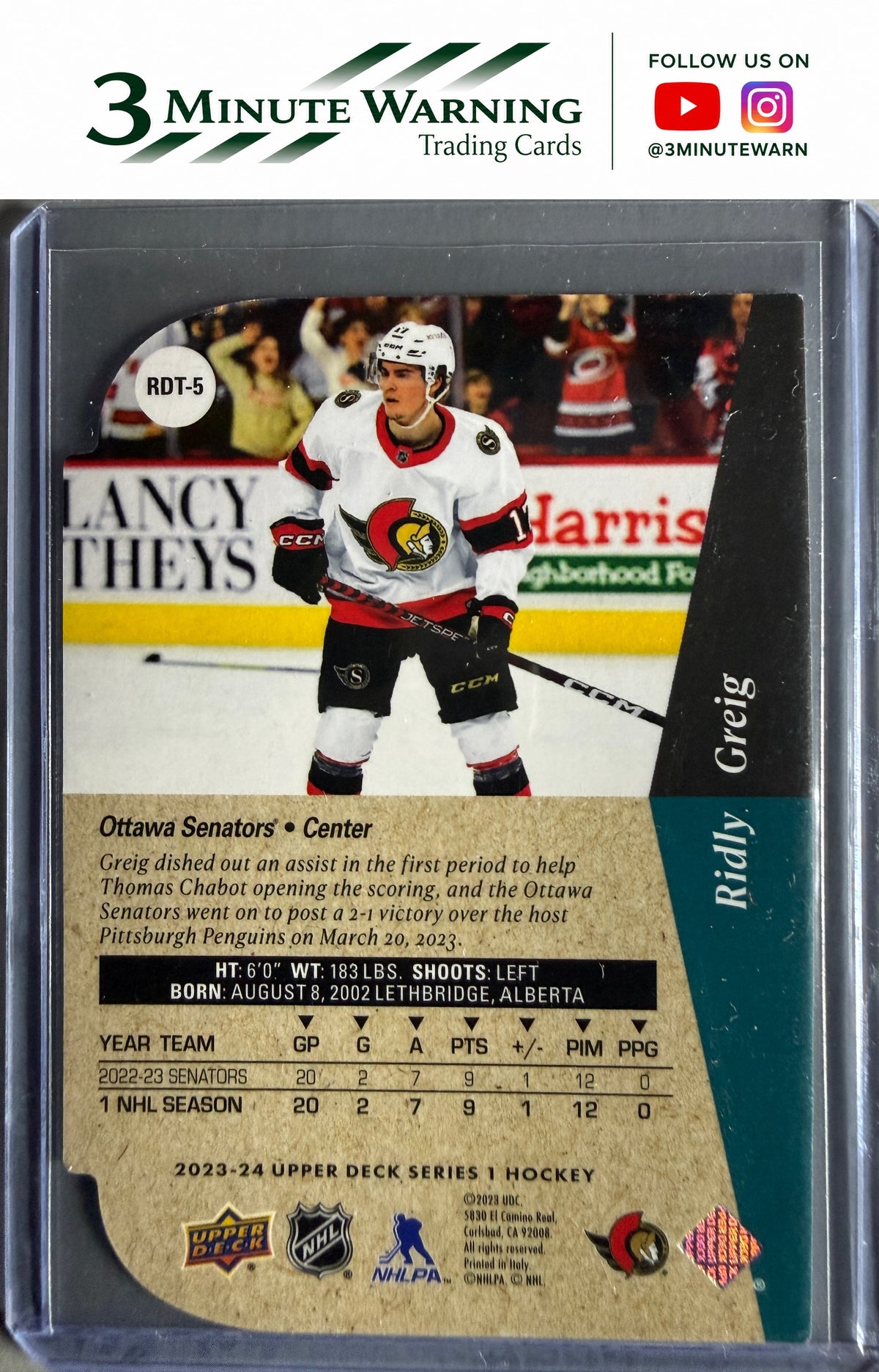2023-24 Upper Deck #RDT-5 Ridly Greig 1994-95 Rookie Tribute Die Cut