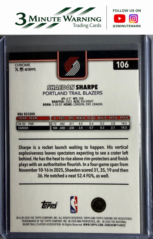 2025-26 Topps Chrome Update #106 Shaedon Sharpe XFractor