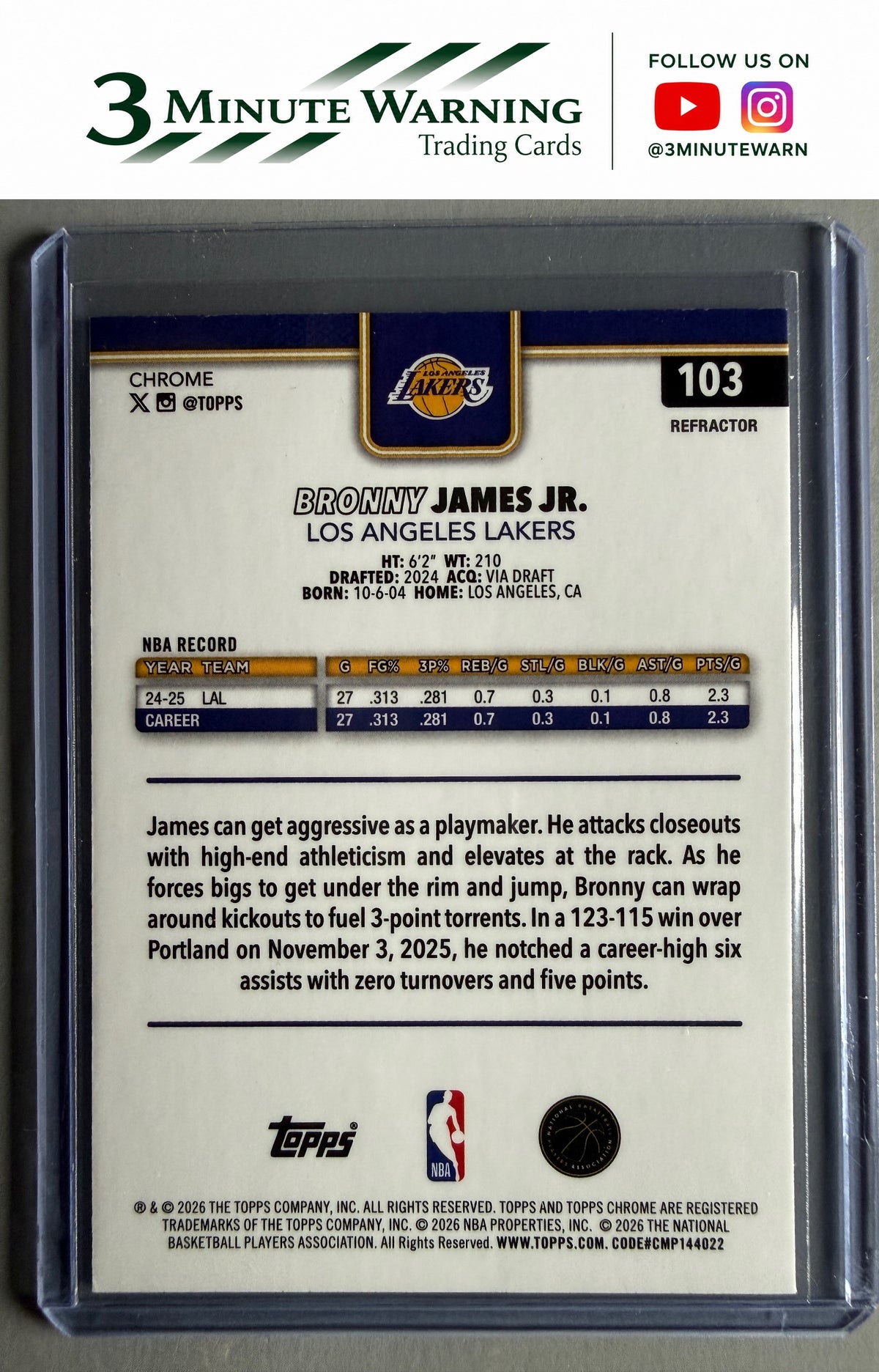 2025-26 Topps Chrome Update #103 Bronny James Jr. Refractor