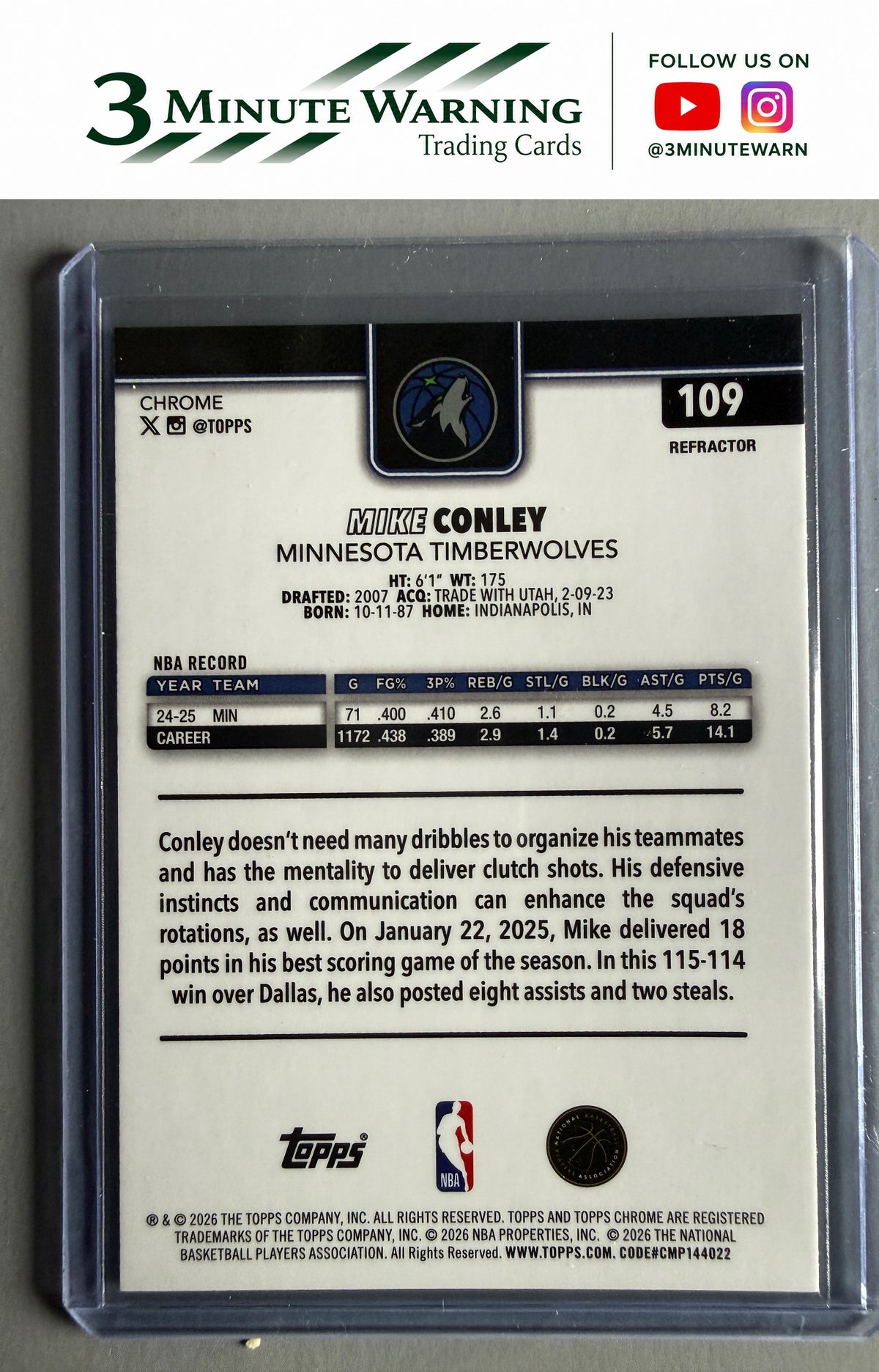 2025-26 Topps Chrome Update #109 Mike Conley Refractor