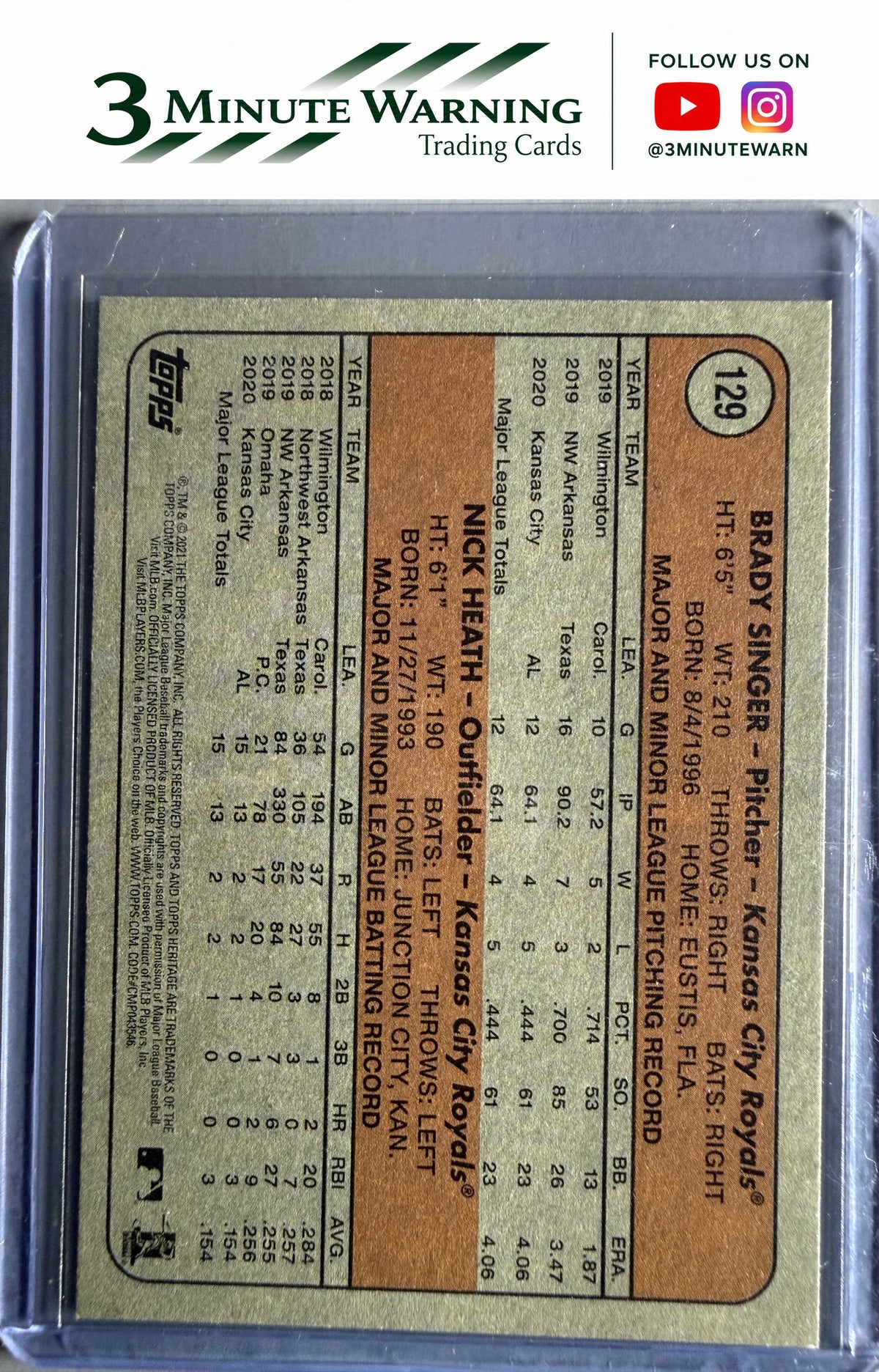 2021 Topps Heritage #129 Royals 2021 Rookie Stars (Brady Singer / Nick Heath) RS, RC