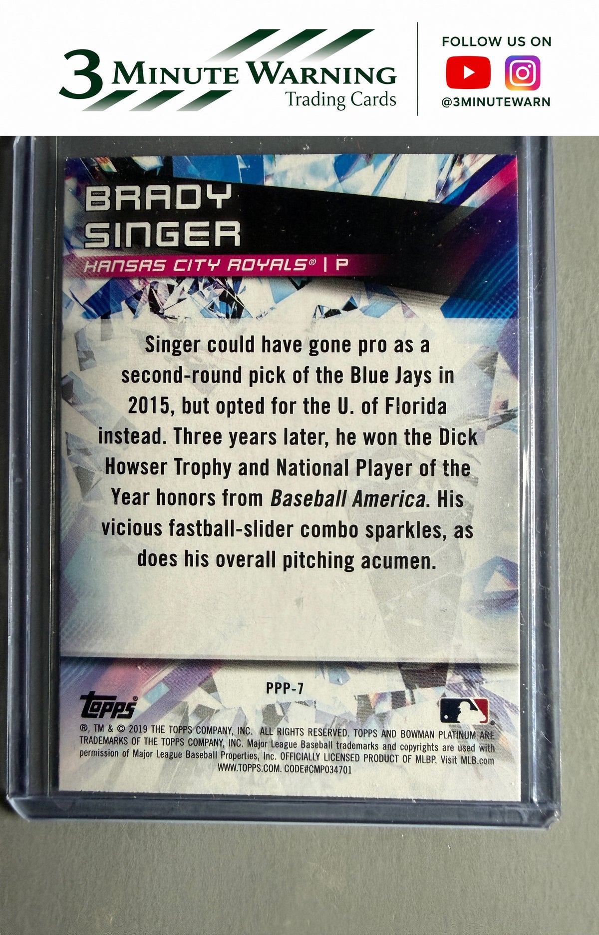 2019 Bowman Platinum #PPP-7 Brady Singer Prismatic Prodigies