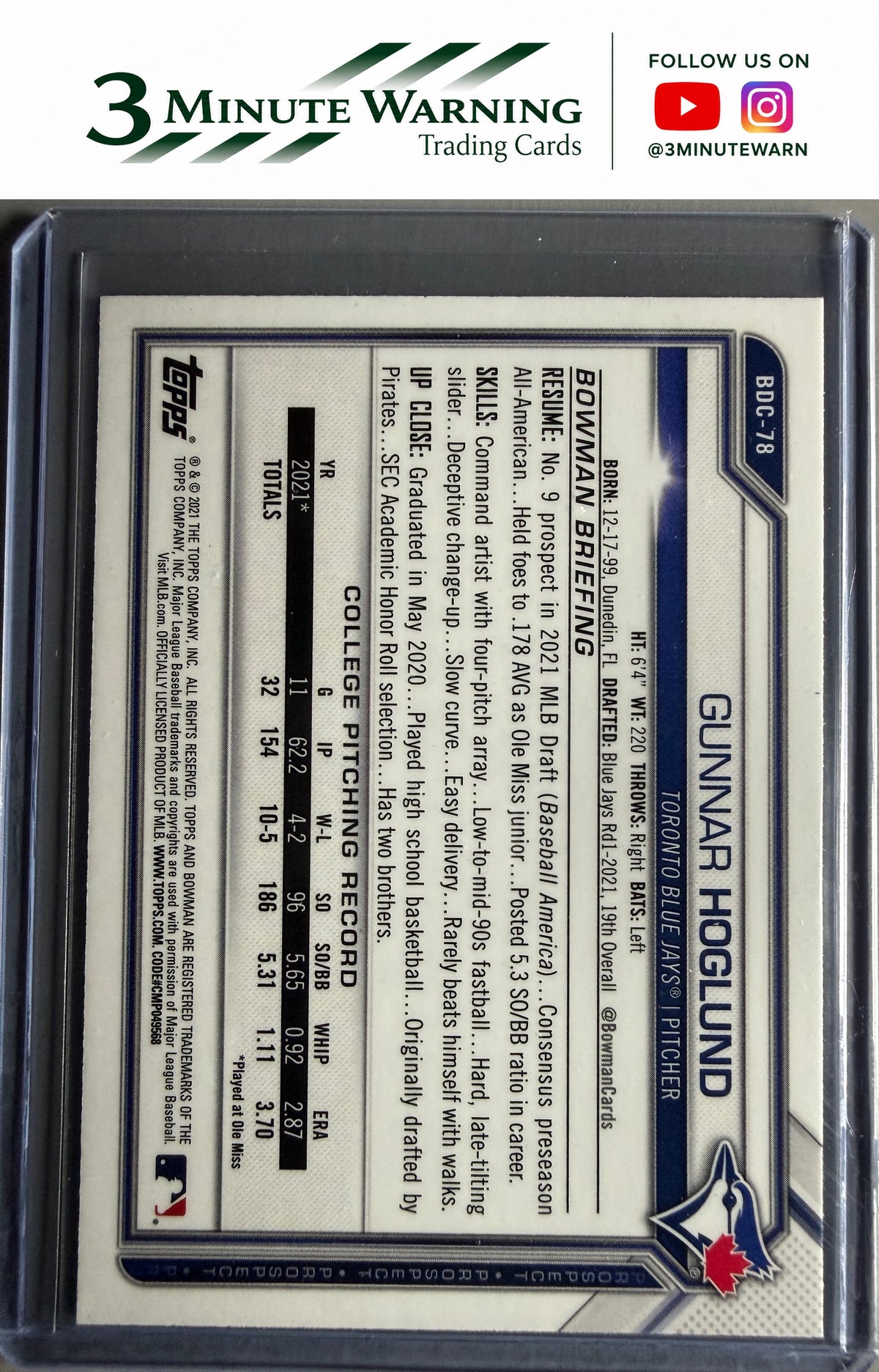 2021 Bowman Draft #BDC-78 Gunnar Hoglund Chrome