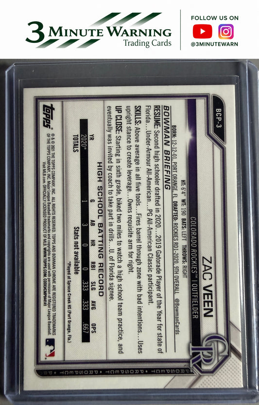 2021 Bowman #BCP-3 Zac Veen Chrome Prospects