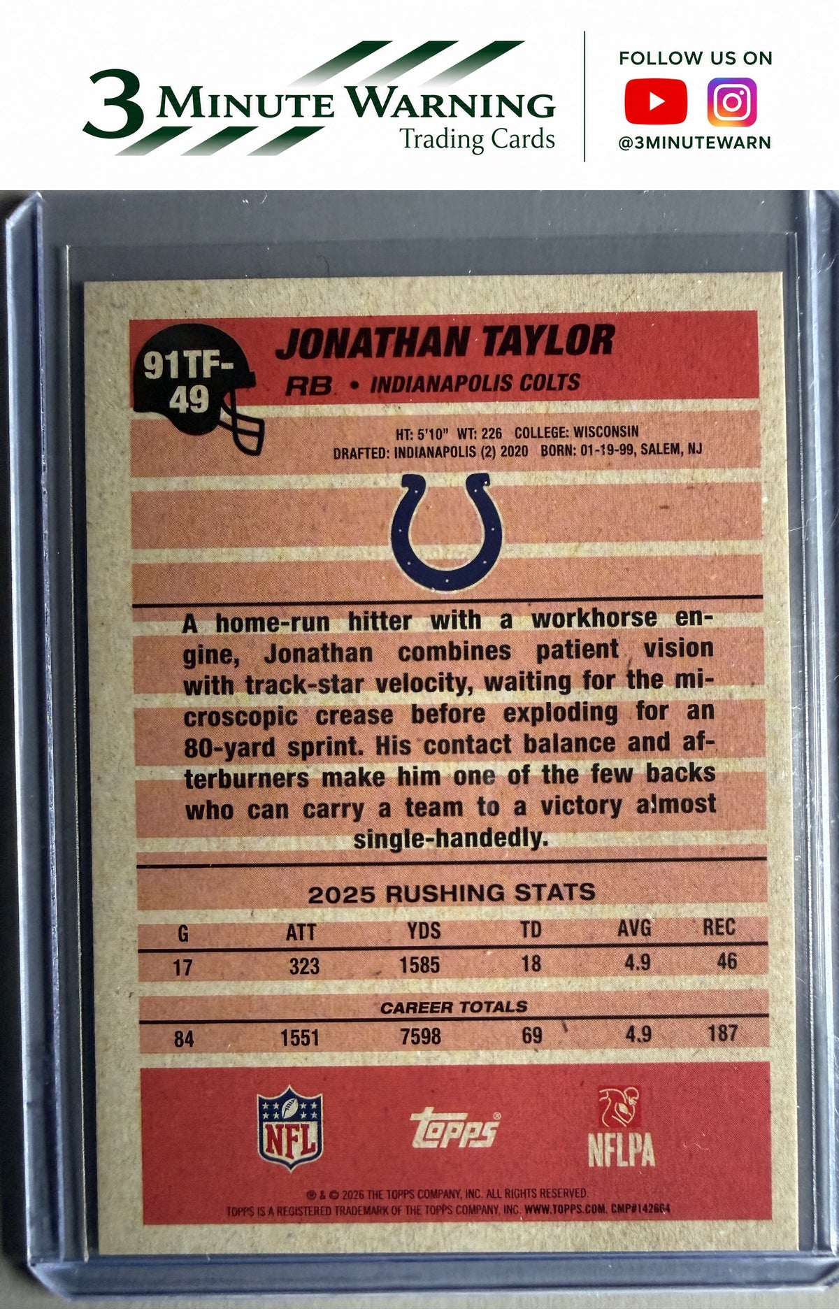 2026 Topps Flagship #91TF-49 Jonathan Taylor 1991 Topps Football Crackle