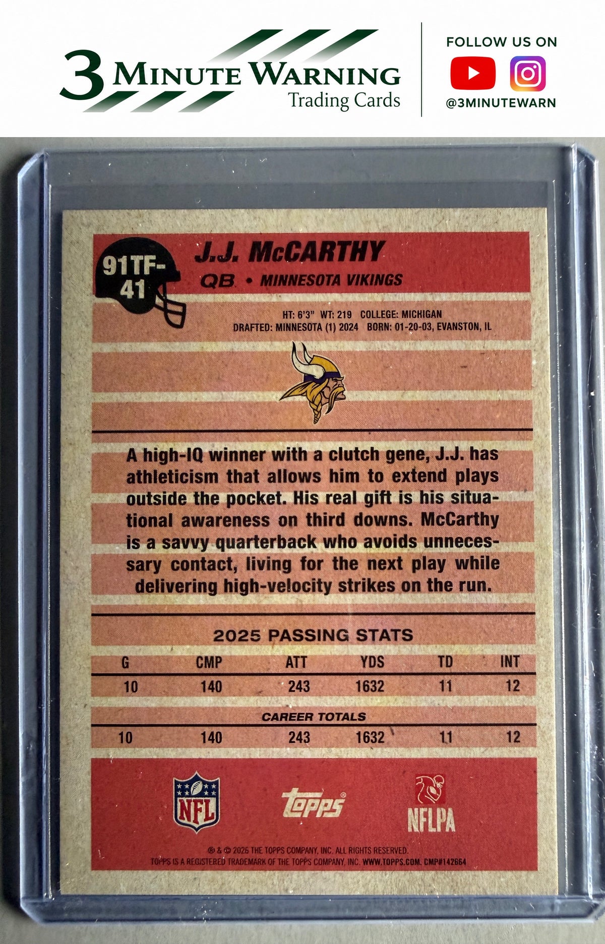 2026 Topps Flagship #91TF-41 J.J. McCarthy 1991 Topps Football Crackle
