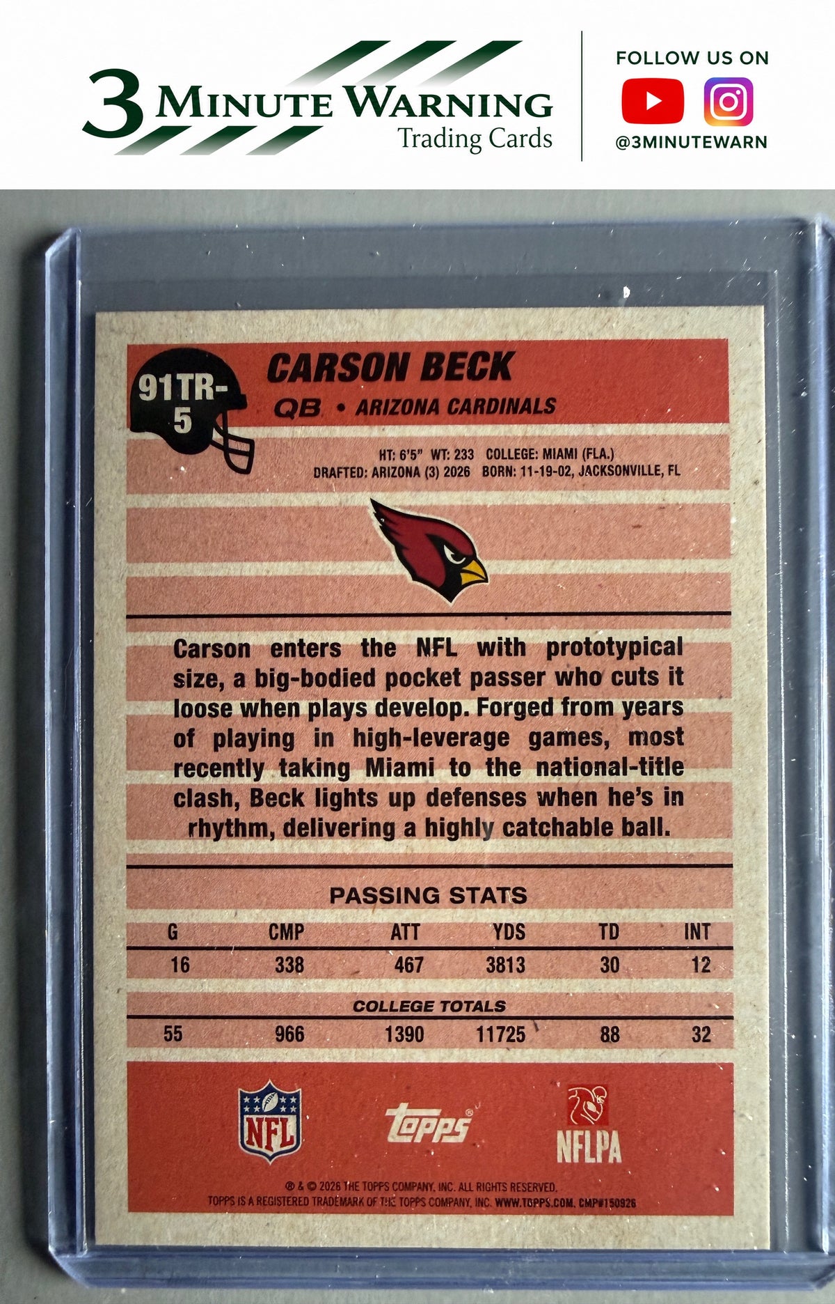 2026 Topps Flagship #91TR-5 Carson Beck 1991 Topps Football Rookies Pink Crackle
