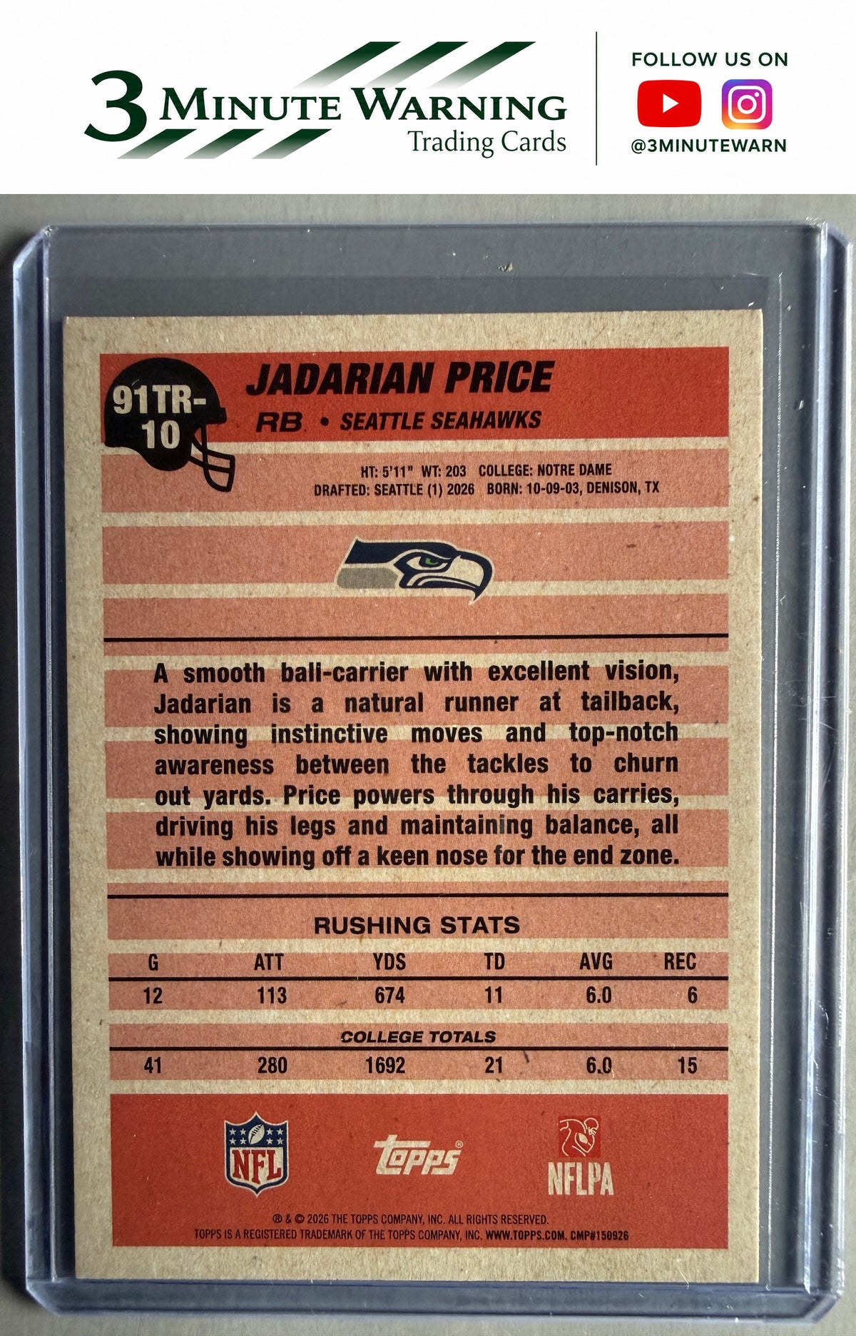 2026 Topps Flagship #91TR-10 Jadarian Price 1991 Topps Football Rookies