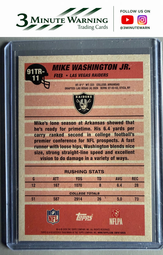 2026 Topps Flagship #91TR-11 Mike Washington Jr. 1991 Topps Football Rookies