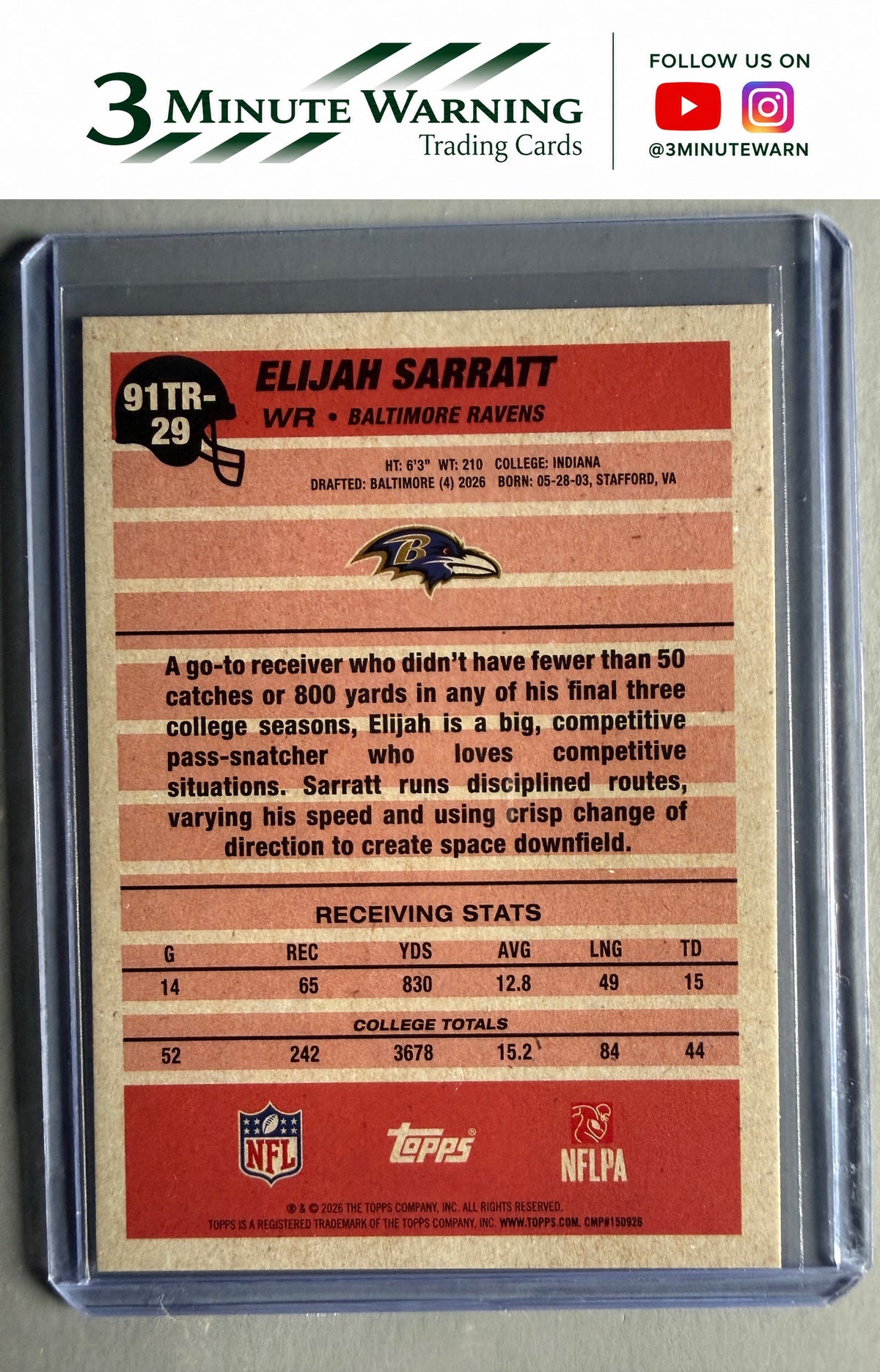 2026 Topps Flagship #91TR-29 Elijah Sarratt 1991 Topps Football Rookies