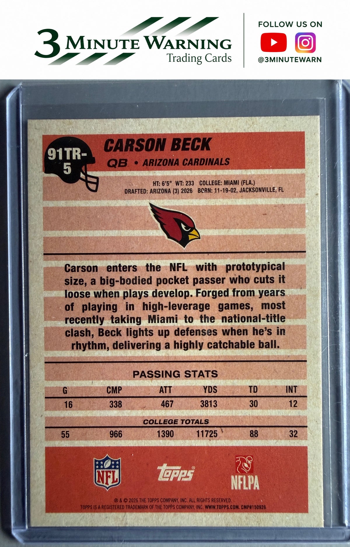 2026 Topps Flagship #91TR-5 Carson Beck 1991 Topps Football Rookies