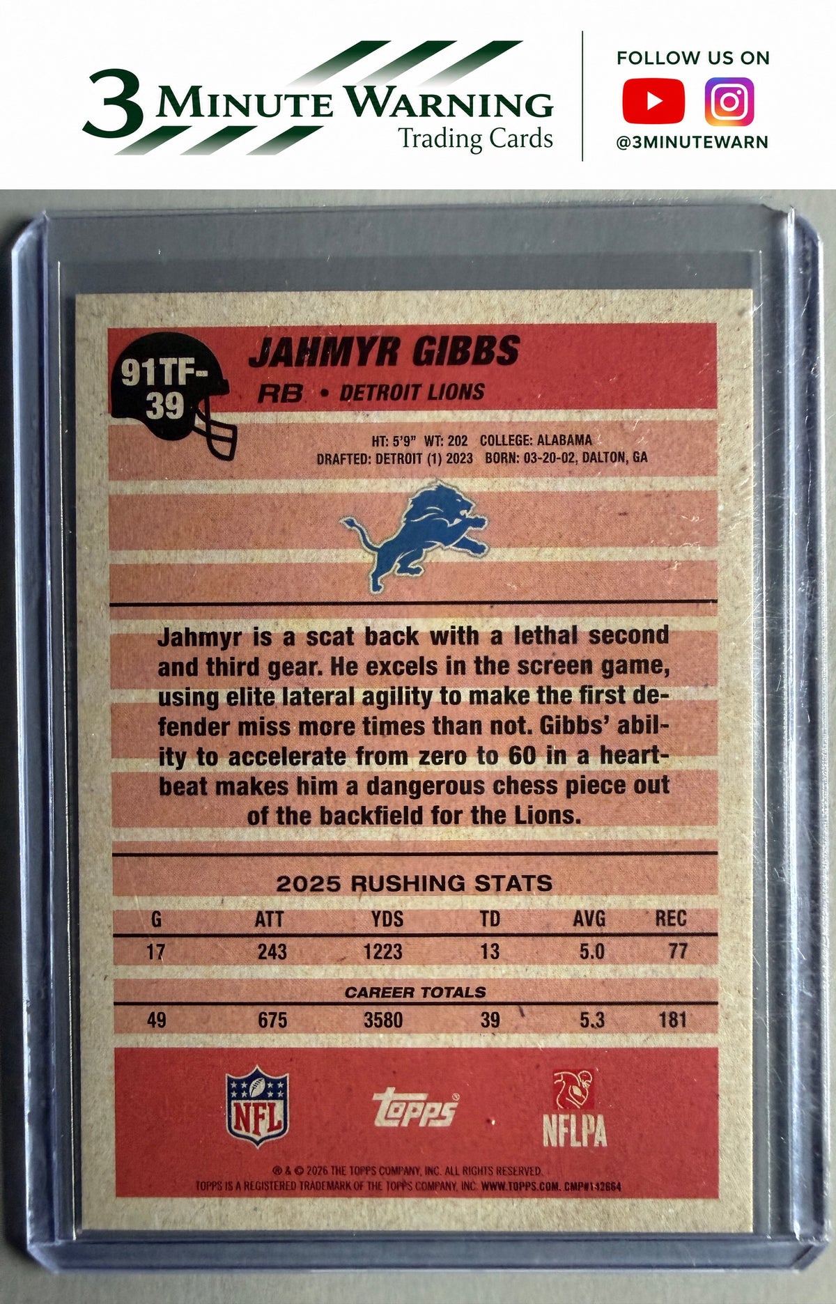 2026 Topps Flagship #91TF-39 Jahmyr Gibbs 1991 Topps Football Crackle