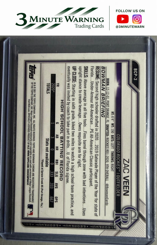 2021 Bowman #BCP-3 Zac Veen Chrome Prospects