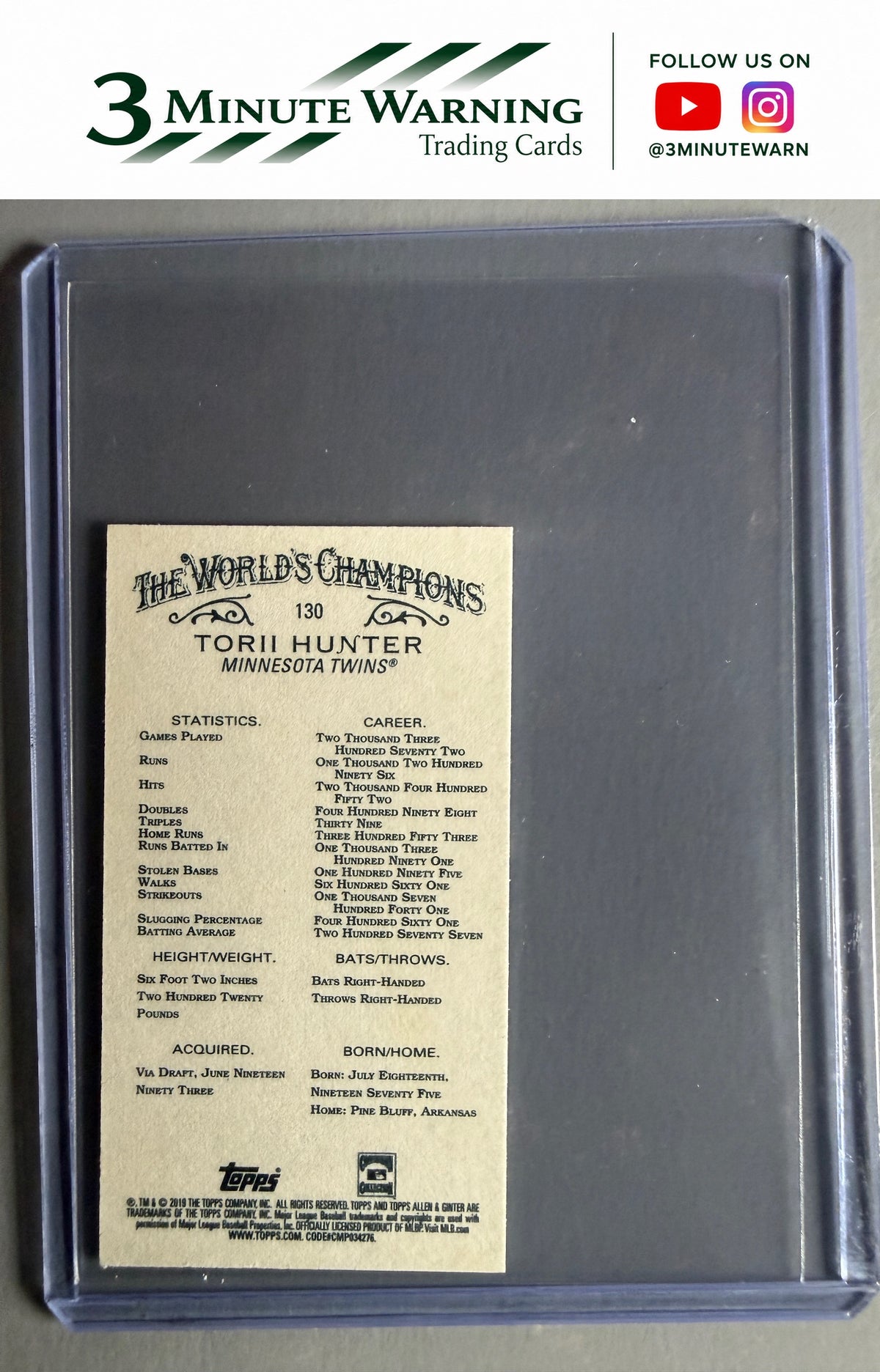 2019 Topps Allen & Ginter #130 Torii Hunter Mini Black Border