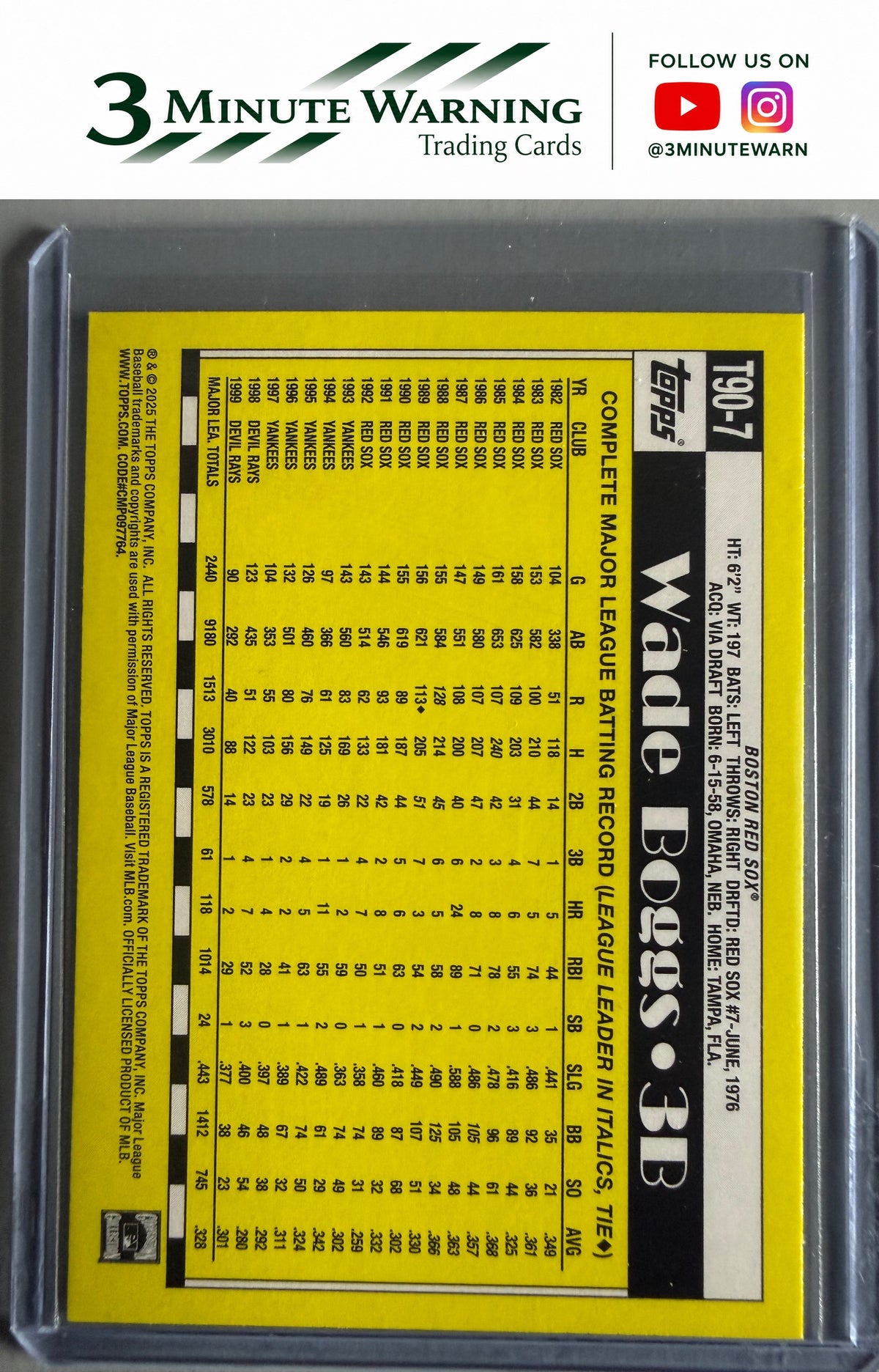 2025 Topps #T90-7 Wade Boggs 1990 Topps Baseball 35th Anniversary (Series One)
