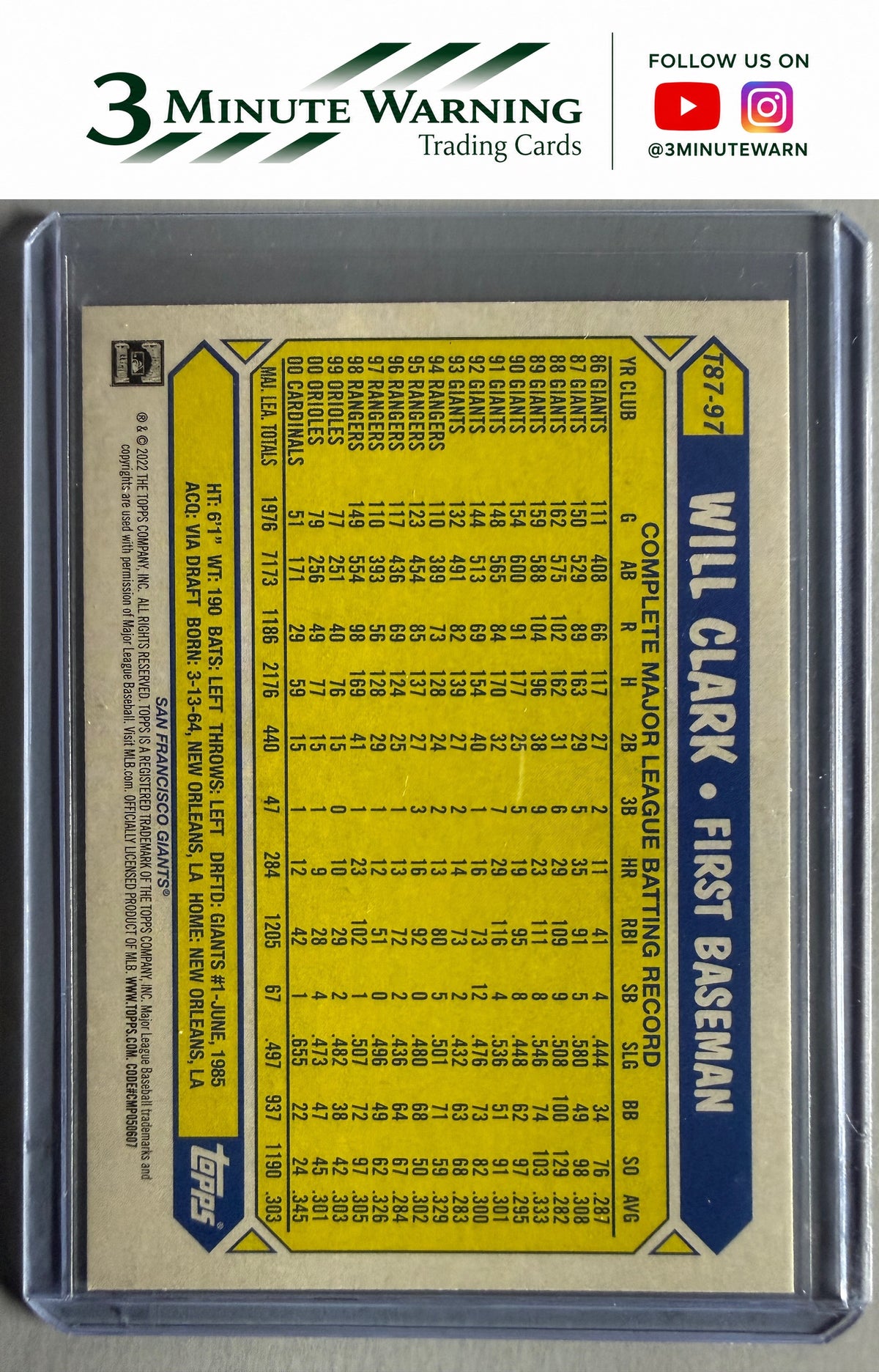 2022 Topps #T87-97 Will Clark 1987 Topps Baseball 35th Anniversary (Series One)