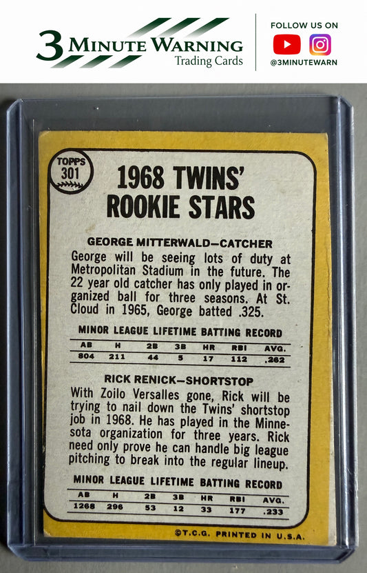 1968 Topps #301 Twins 1968 Rookie Stars (George Mitterwald / Rick Renick)
