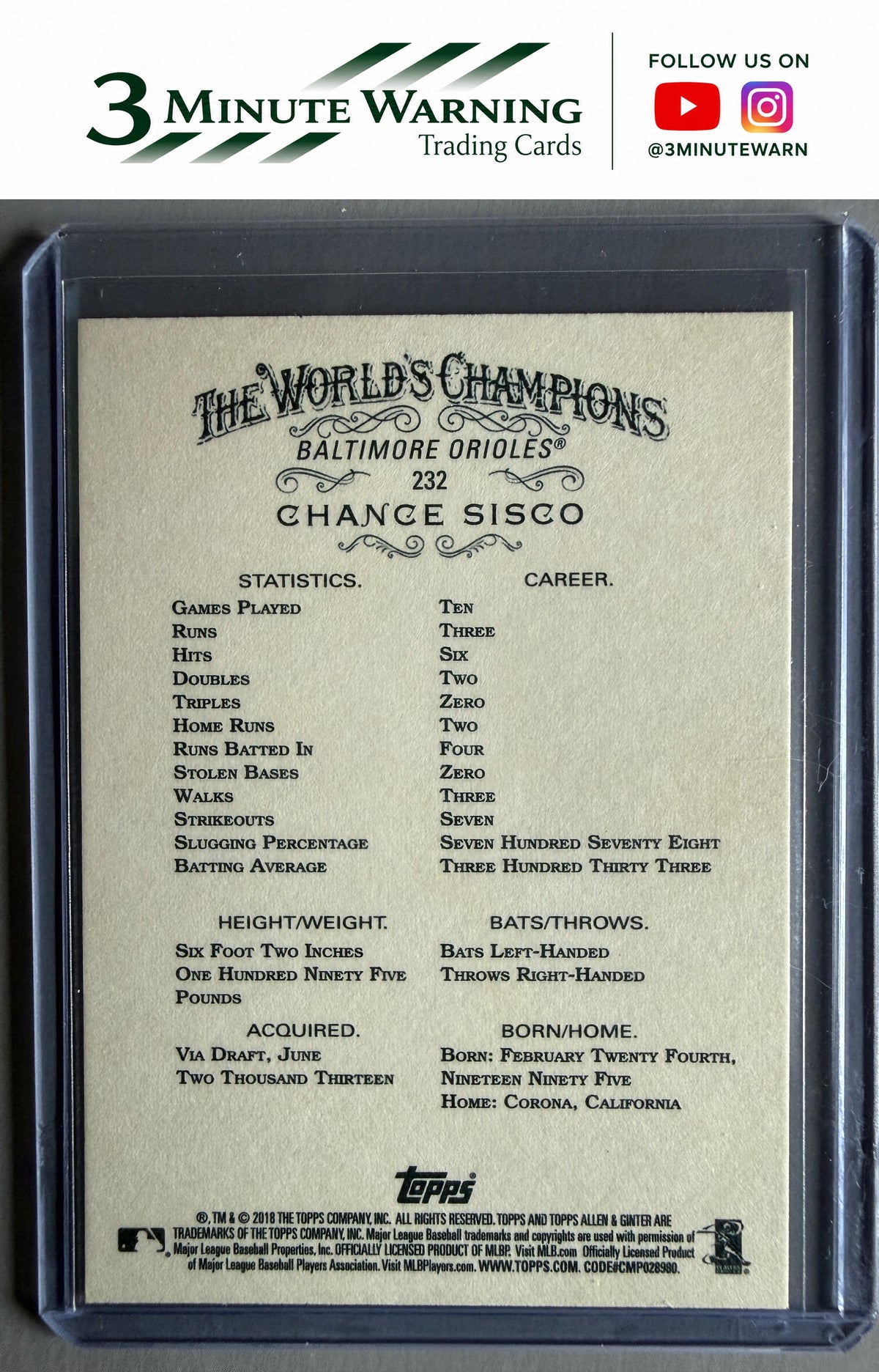 2018 Topps Allen & Ginter #232 Chance Sisco