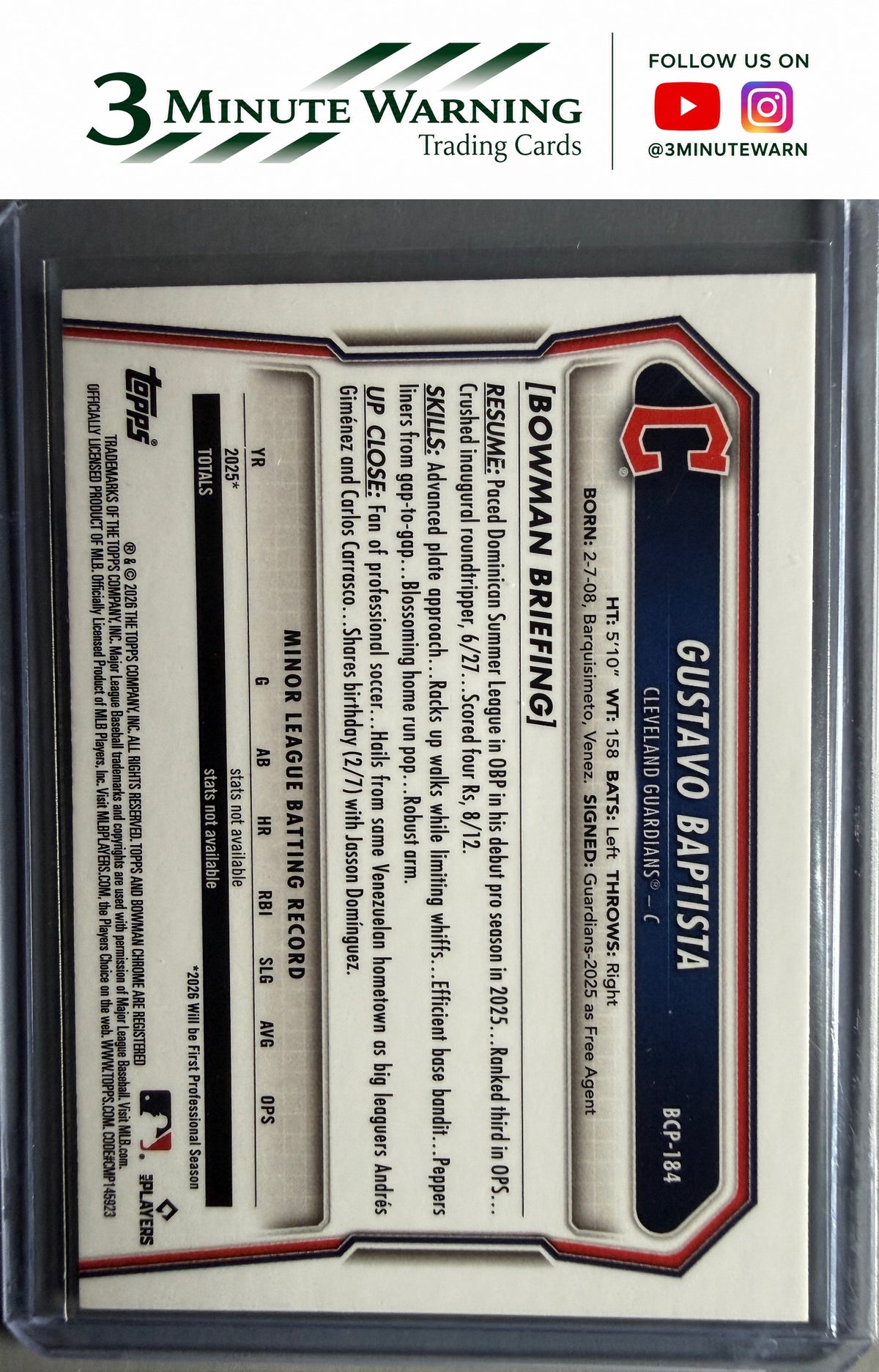2026 Bowman Chrome #BCP-184 Gustavo Baptista Prospects Laser