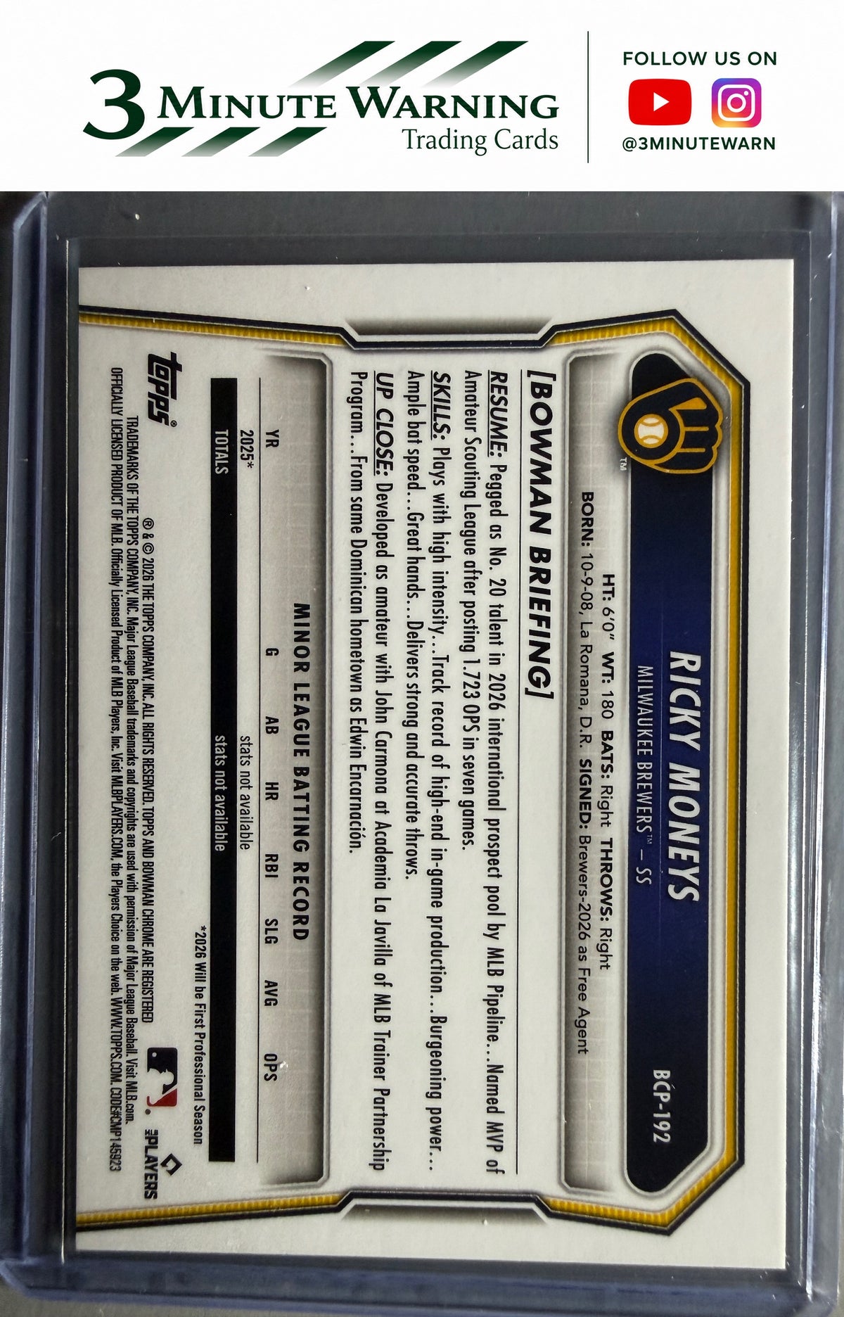 2026 Bowman Chrome #BCP-192 Ricky Moneys Prospects